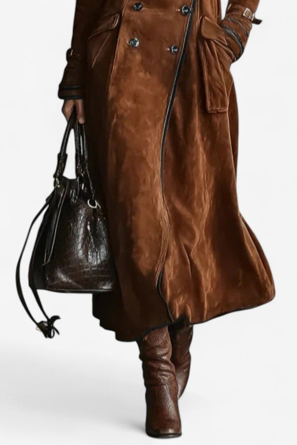Faux Suede Double Breasted Long Trench Coat - 6