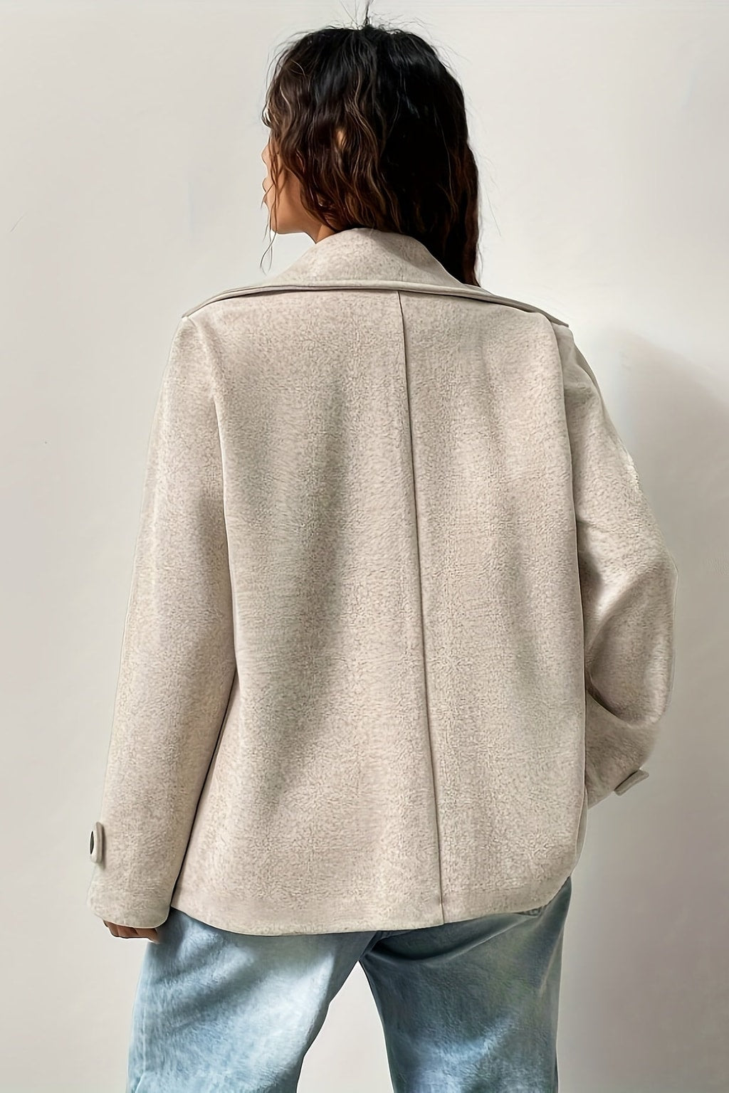 Beige Wool Blend Pea Coat with Notched Collar - 7