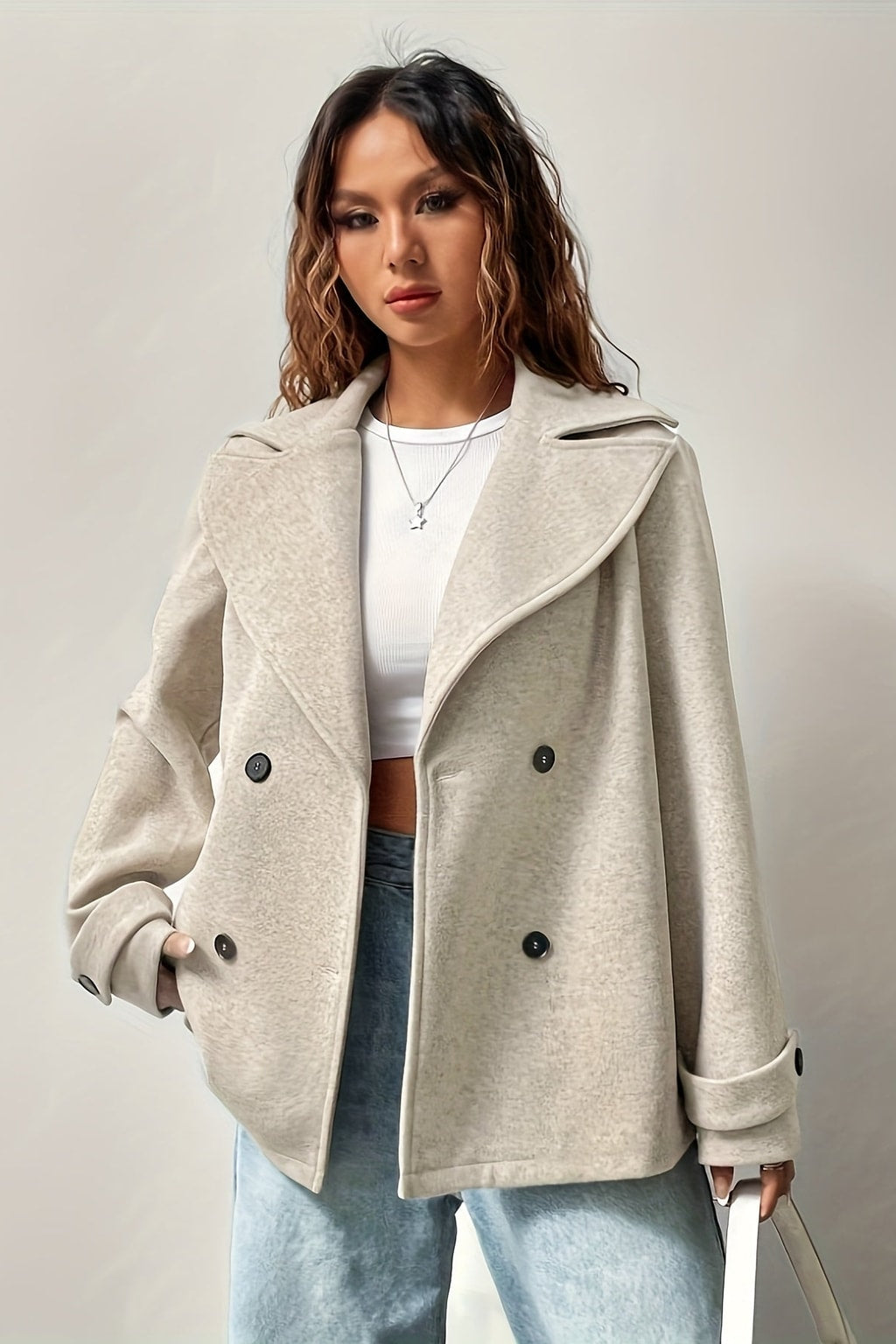 Beige Wool Blend Pea Coat with Notched Collar - 3