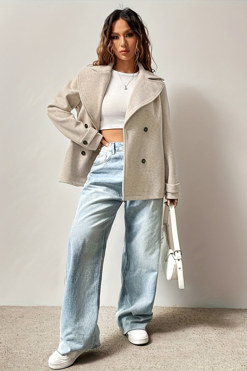 Beige Wool Blend Pea Coat with Notched Collar - 2