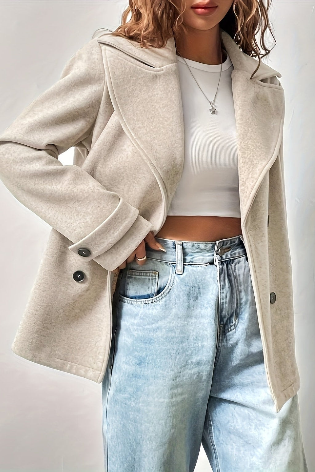 Beige Wool Blend Pea Coat with Notched Collar - 4