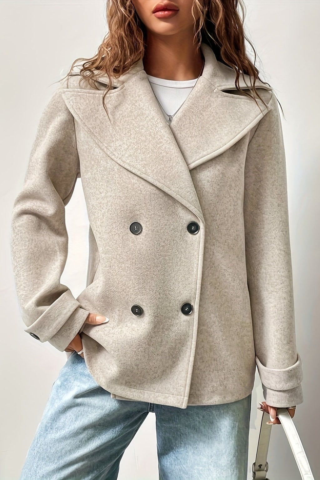 Beige Wool Blend Pea Coat with Notched Collar - 5