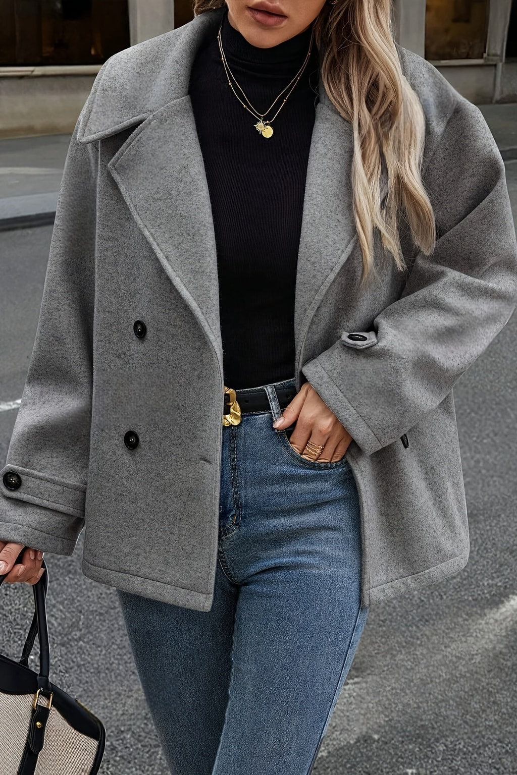 Dark Gray Wool Blend Pea Coat With Notched Lapel - 2