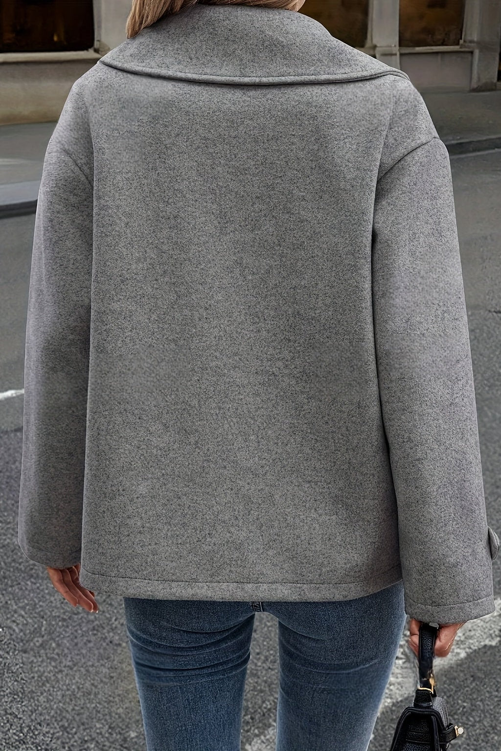 Dark Gray Wool Blend Pea Coat With Notched Lapel - 7