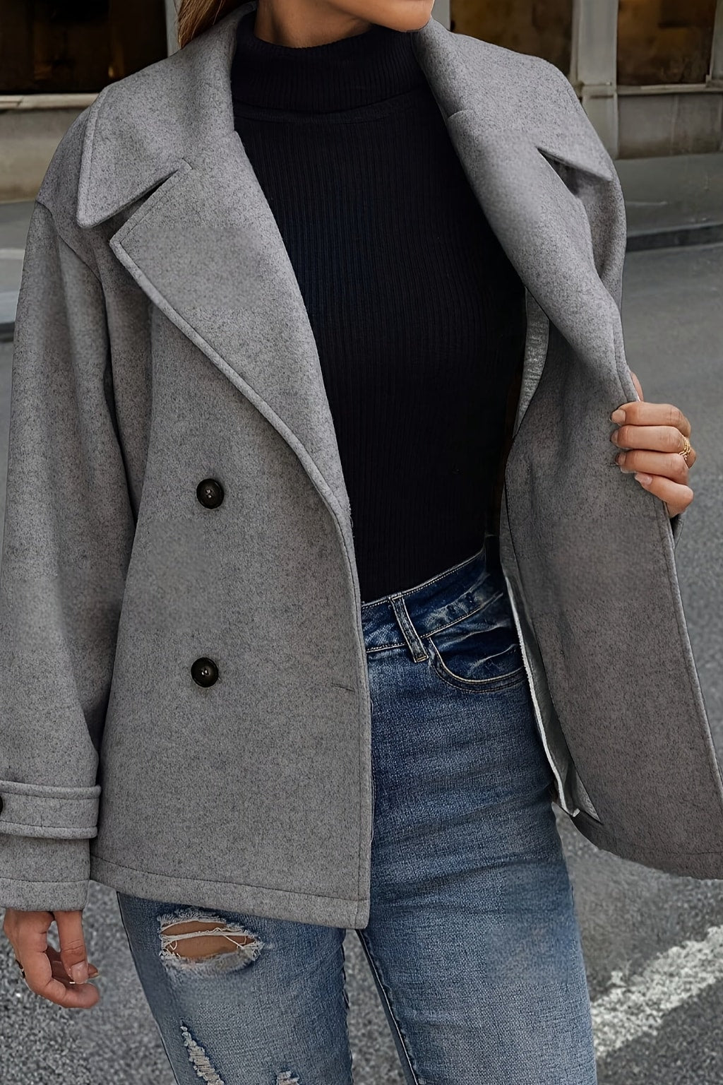 Dark Gray Wool Blend Pea Coat With Notched Lapel - 4