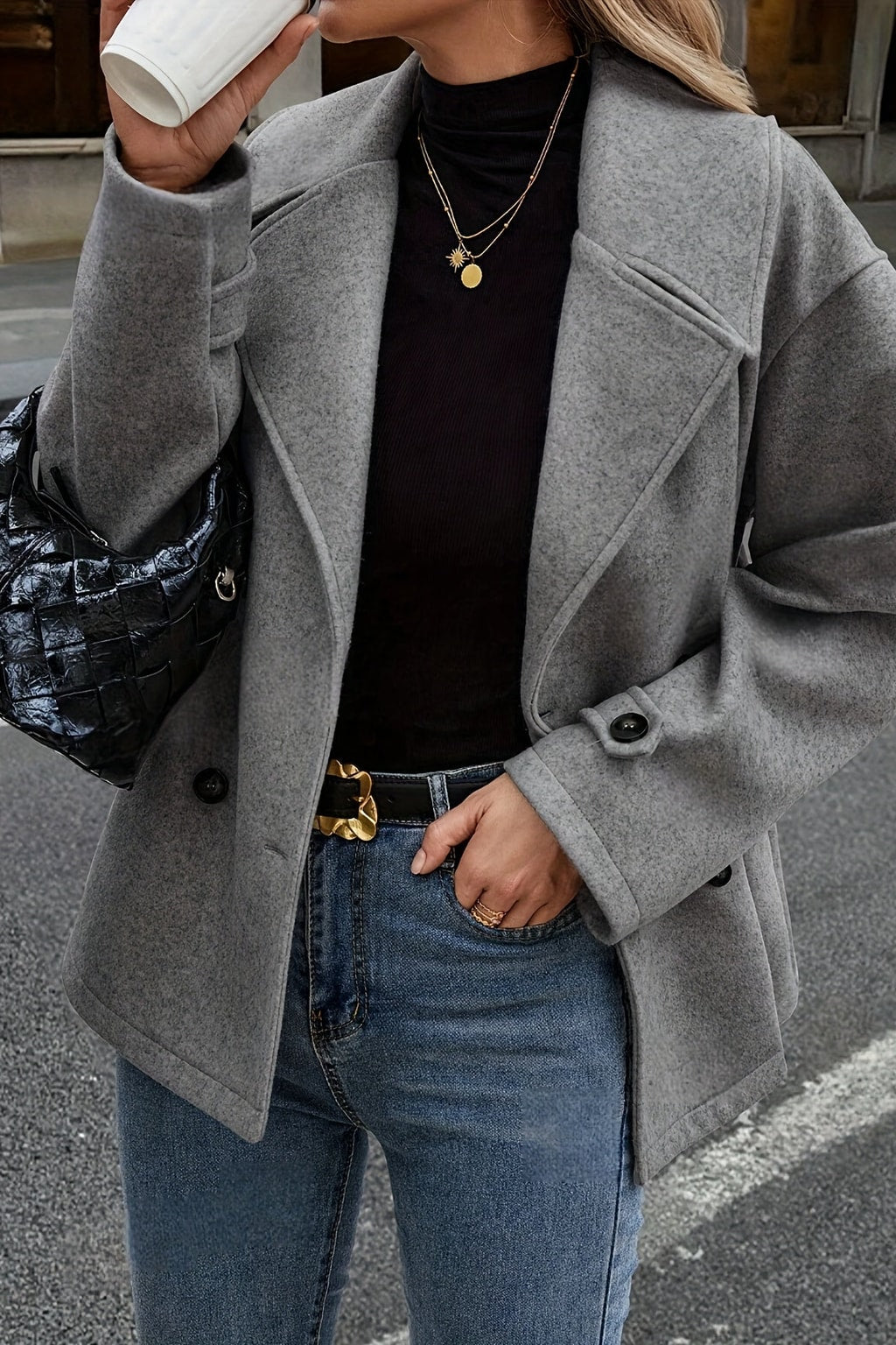 Dark Gray Wool Blend Pea Coat With Notched Lapel - 5