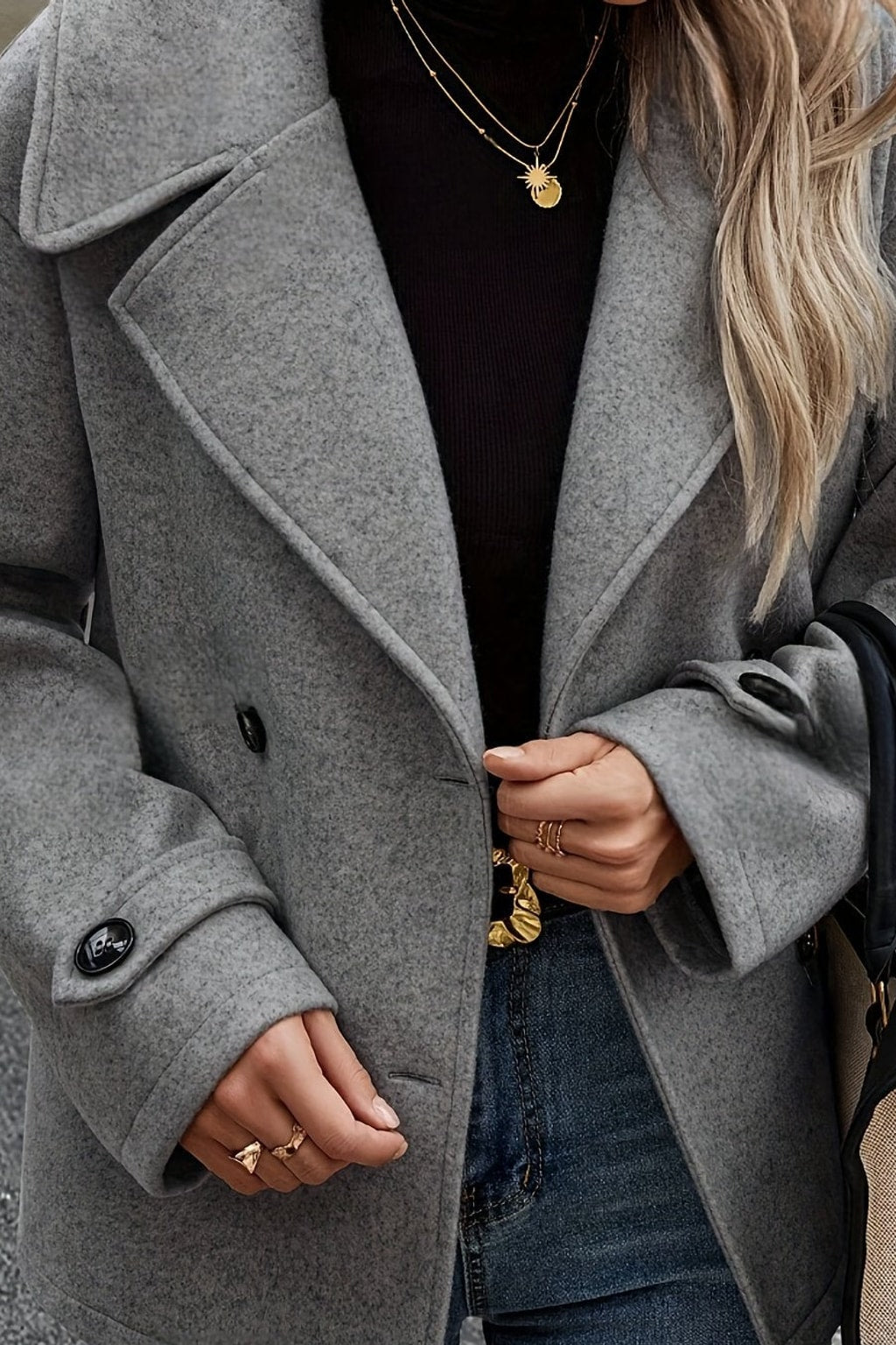 Dark Gray Wool Blend Pea Coat With Notched Lapel - 6