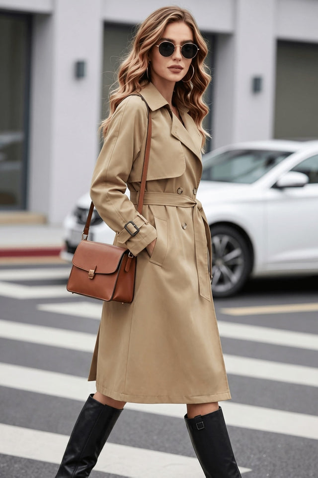Khaki Belted Trench Coat with Double-Breasted Lapel - 2