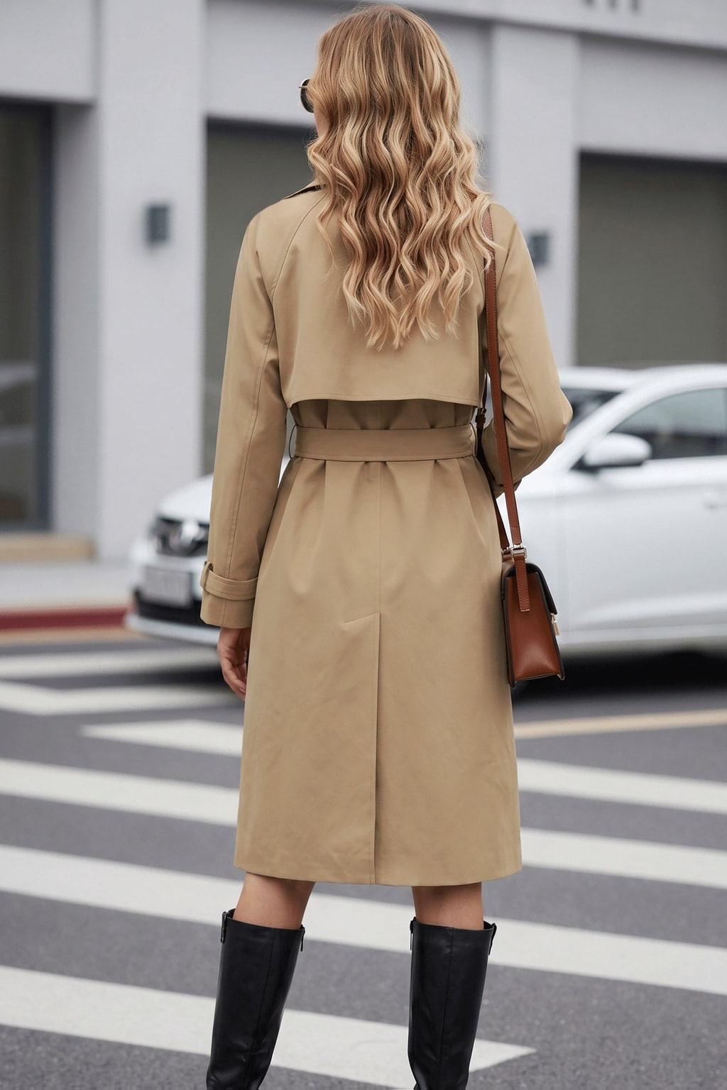 Khaki Belted Trench Coat with Double-Breasted Lapel - 6