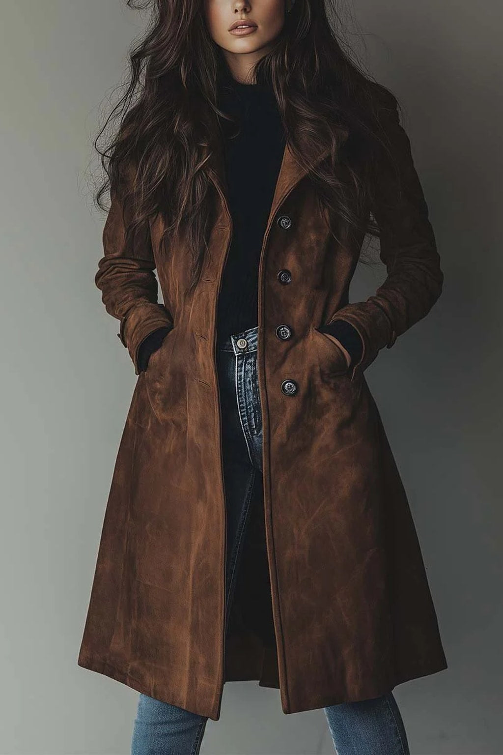 Faux Suede Longline Trench Coat - 5