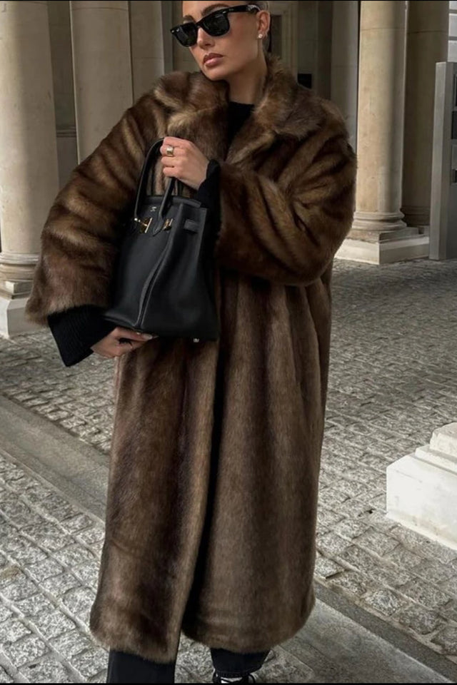 Warm Brown Faux Fur Long Coat with Shawl Collar - 2
