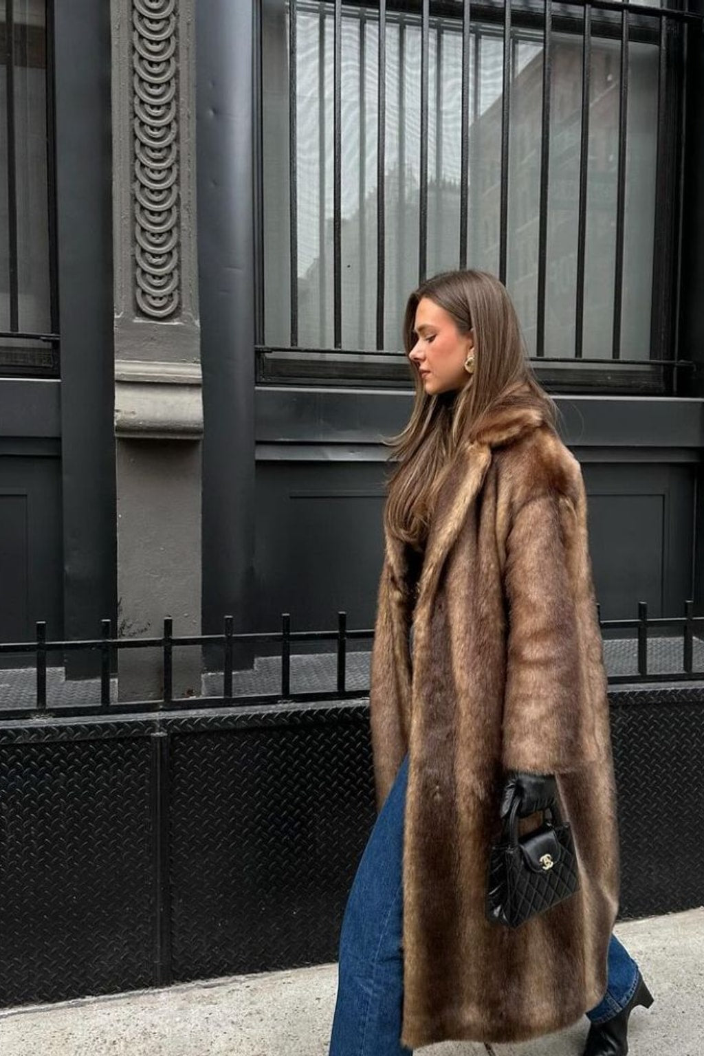 Warm Brown Faux Fur Long Coat with Shawl Collar - 4