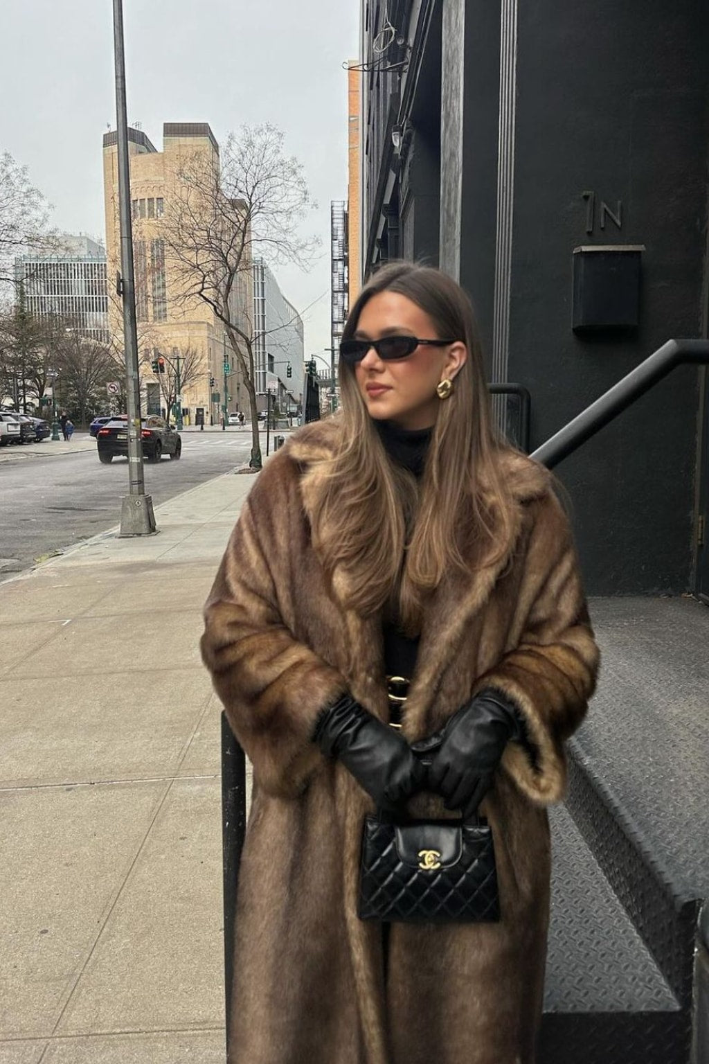 Warm Brown Faux Fur Long Coat with Shawl Collar - 3