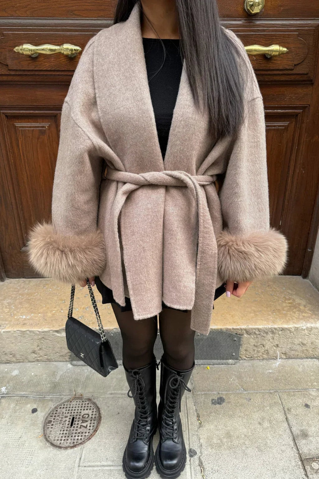 Faux Fur Collar Winter Jacket With Cinched Waist - 2