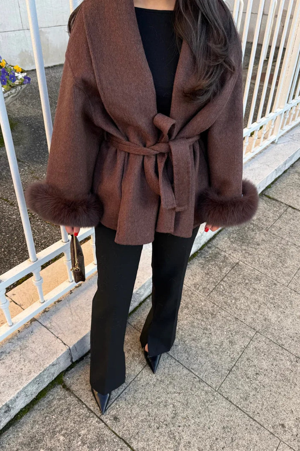 Faux Fur Collar Winter Jacket With Cinched Waist - 7