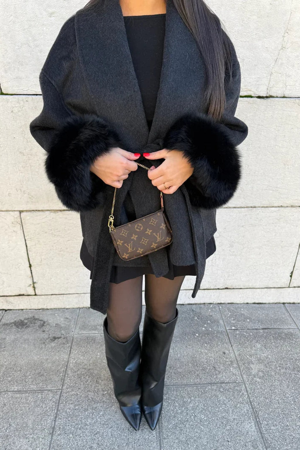 Faux Fur Collar Winter Jacket With Cinched Waist - 10
