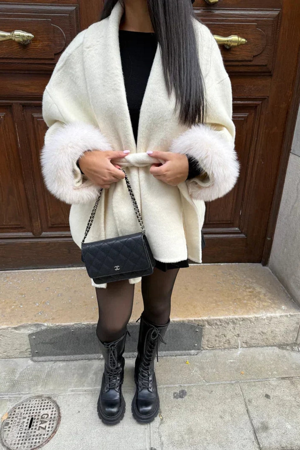 Faux Fur Collar Winter Jacket With Cinched Waist - 15