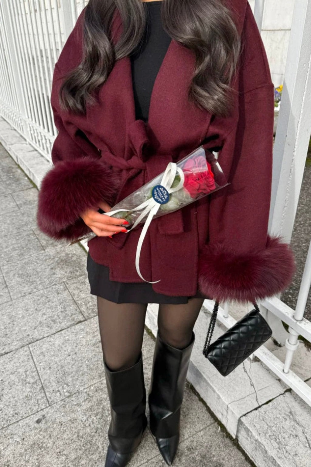 Faux Fur Collar Winter Jacket With Cinched Waist - 18