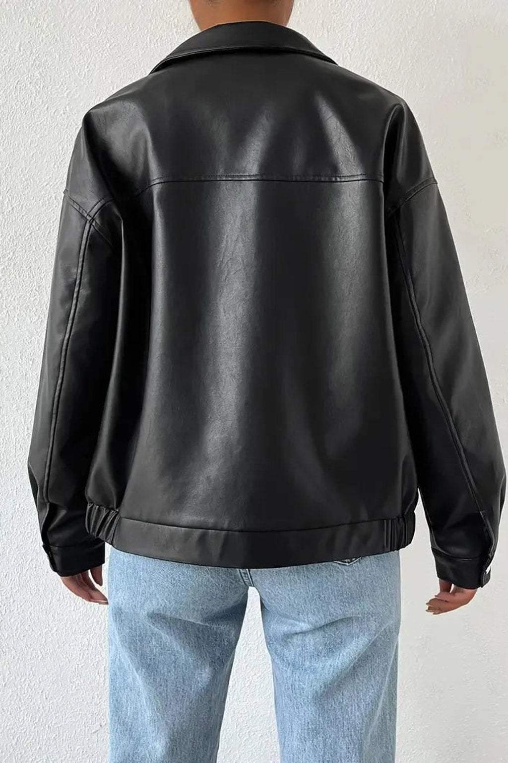 Timeless Black Faux Leather Jacket With Point Collar - 4