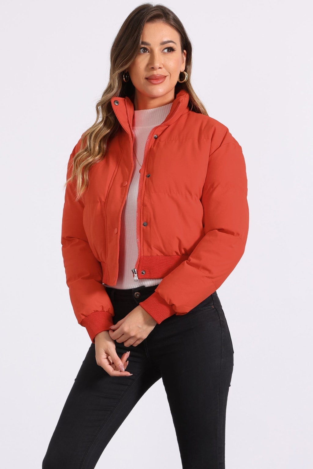 Padded Cropped Cozy Bomber Jacket with Stand Collar - 1