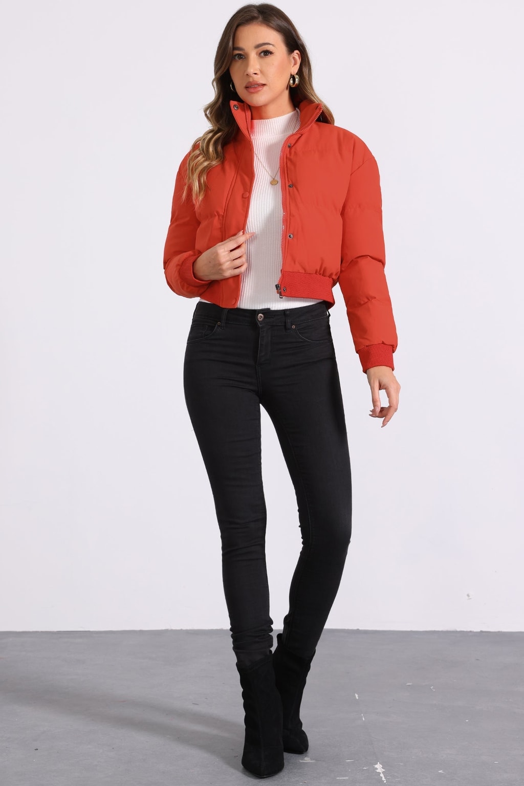 Padded Cropped Cozy Bomber Jacket with Stand Collar - 2