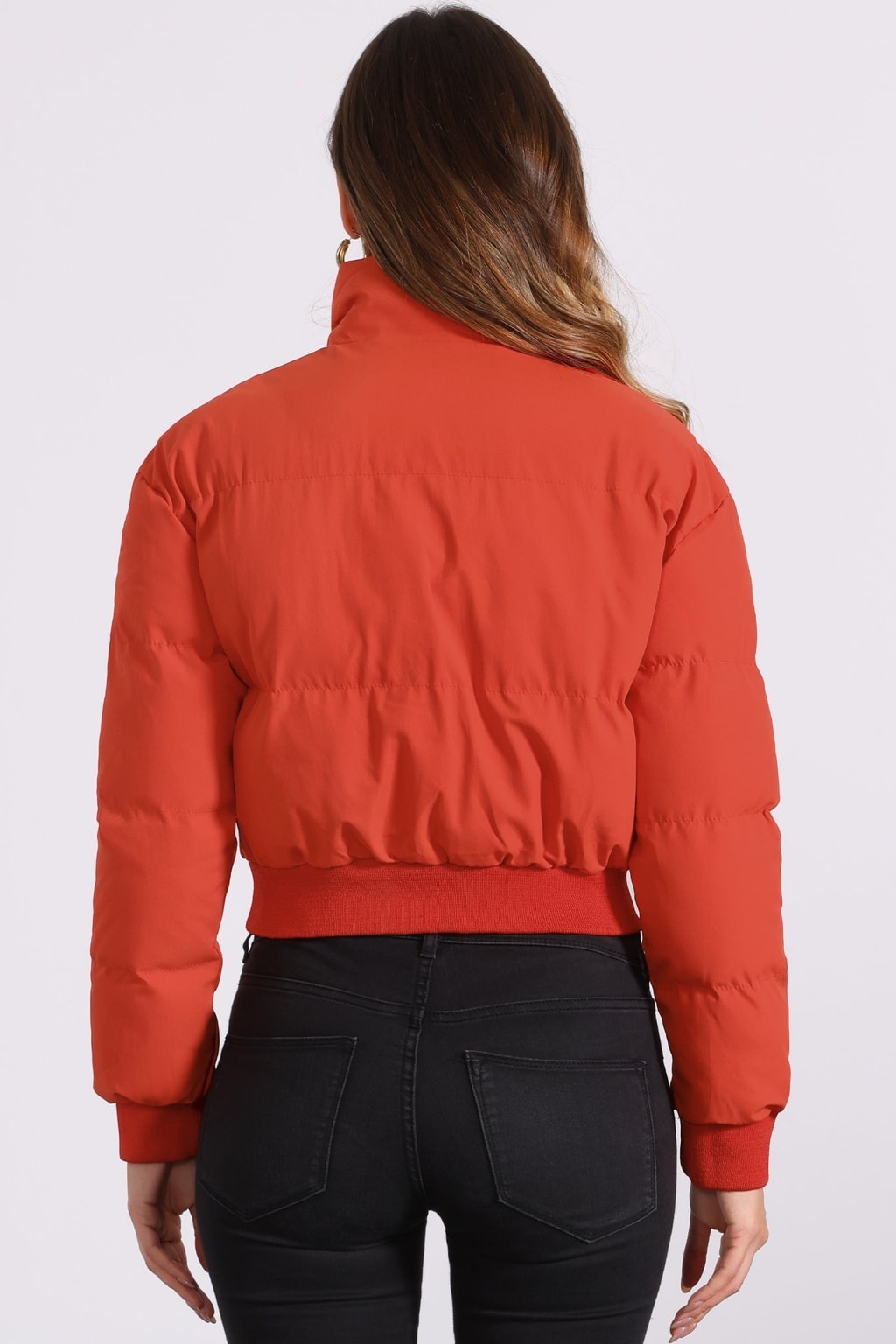 Padded Cropped Cozy Bomber Jacket with Stand Collar - 3