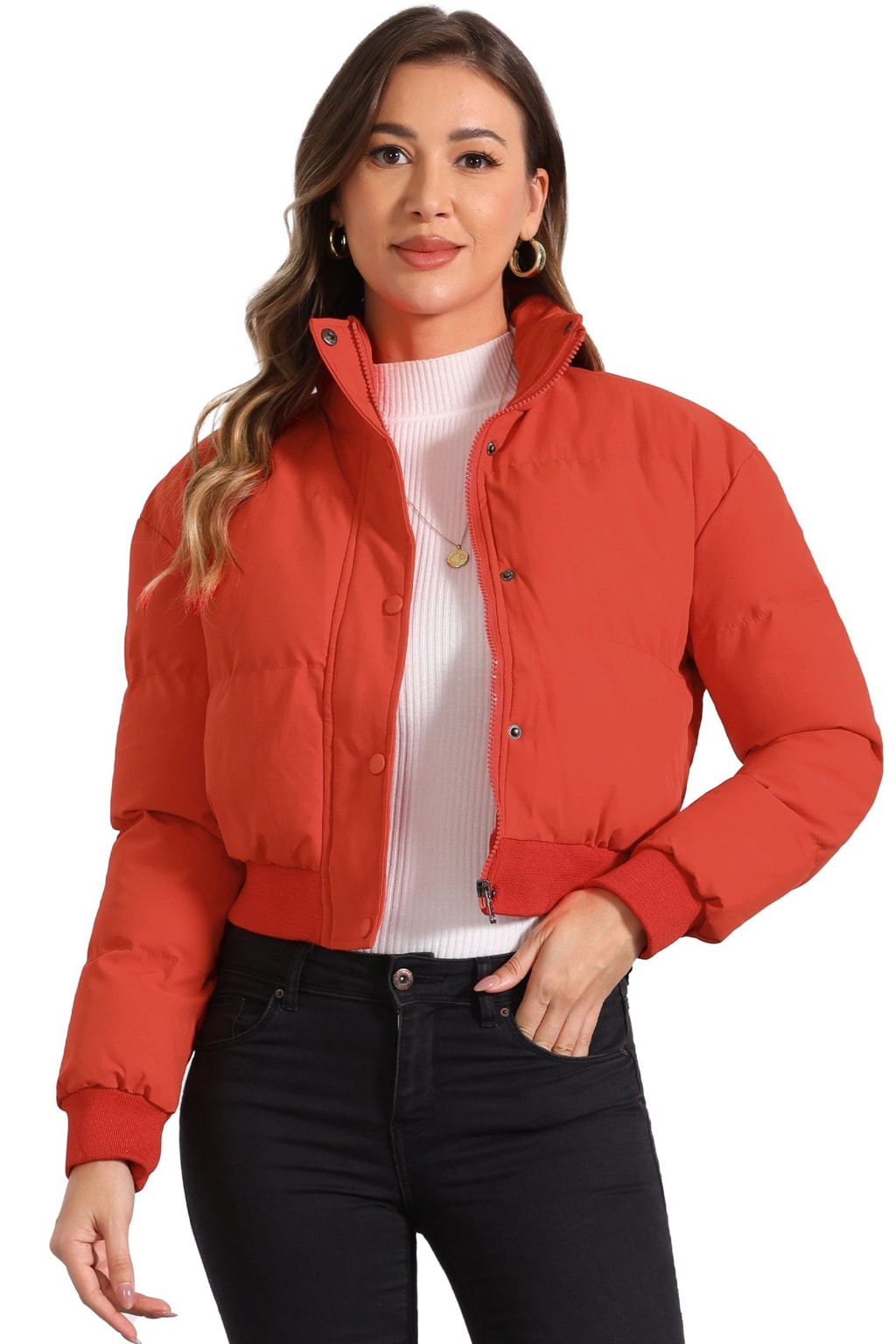 Padded Cropped Cozy Bomber Jacket with Stand Collar - 5