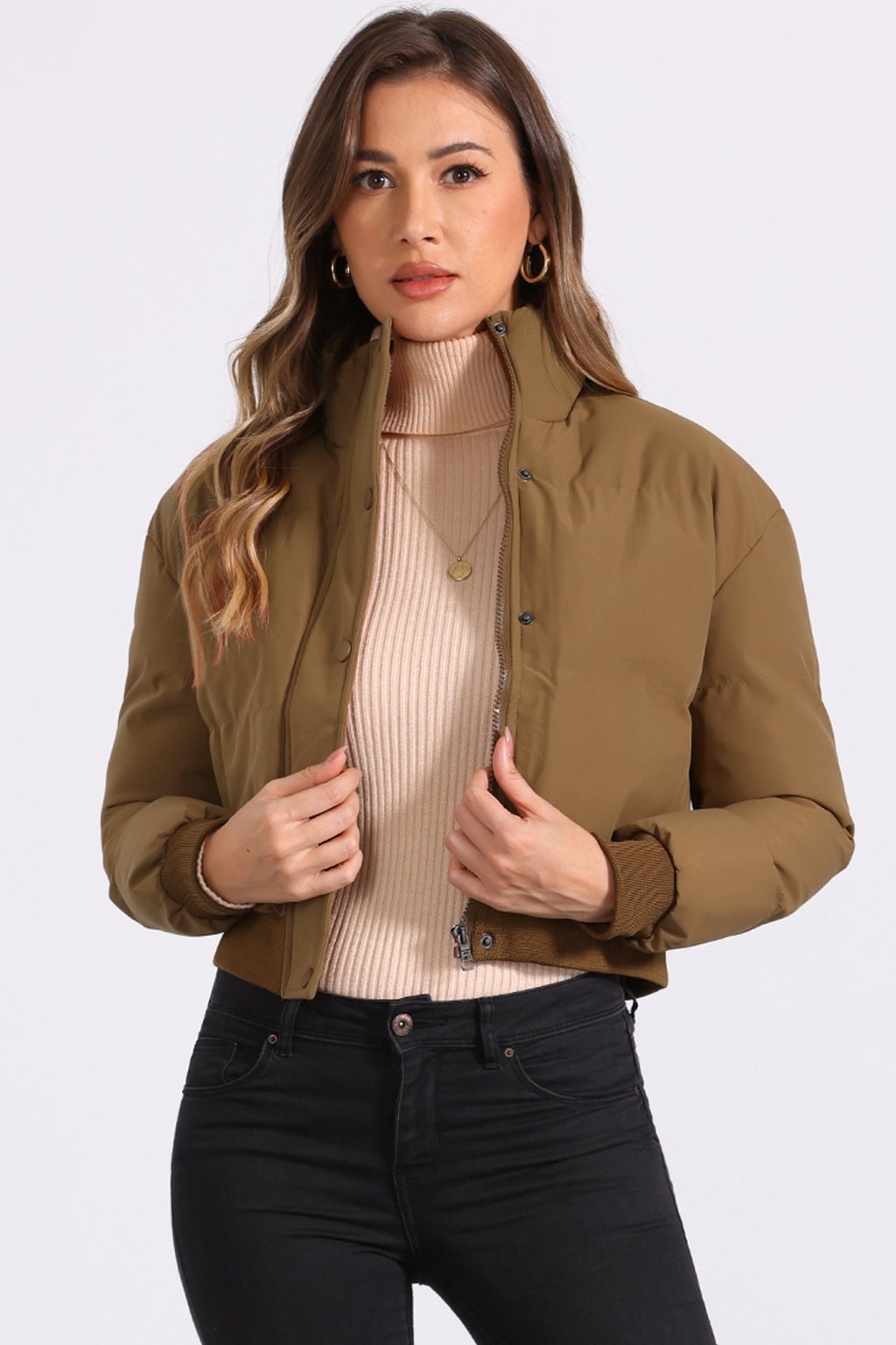 Padded Cropped Cozy Bomber Jacket with Stand Collar - 6