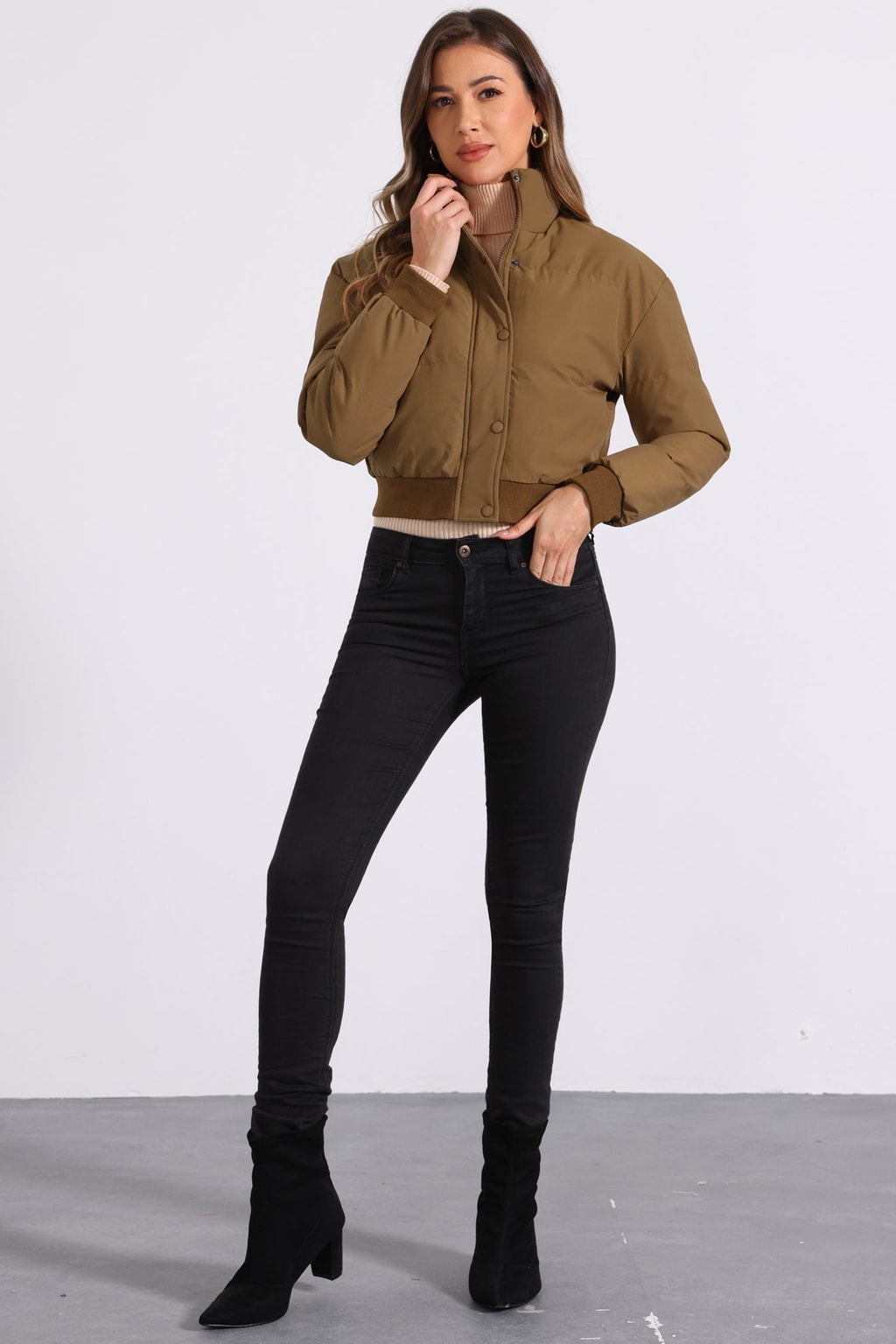 Padded Cropped Cozy Bomber Jacket with Stand Collar - 7