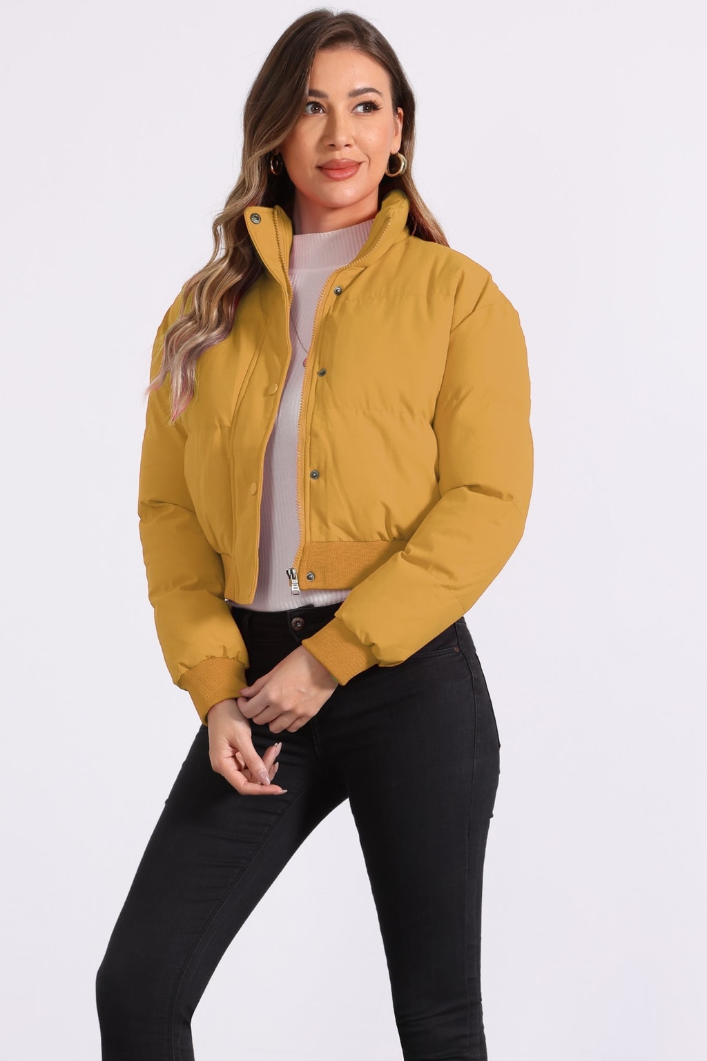 Padded Cropped Cozy Bomber Jacket with Stand Collar - 8
