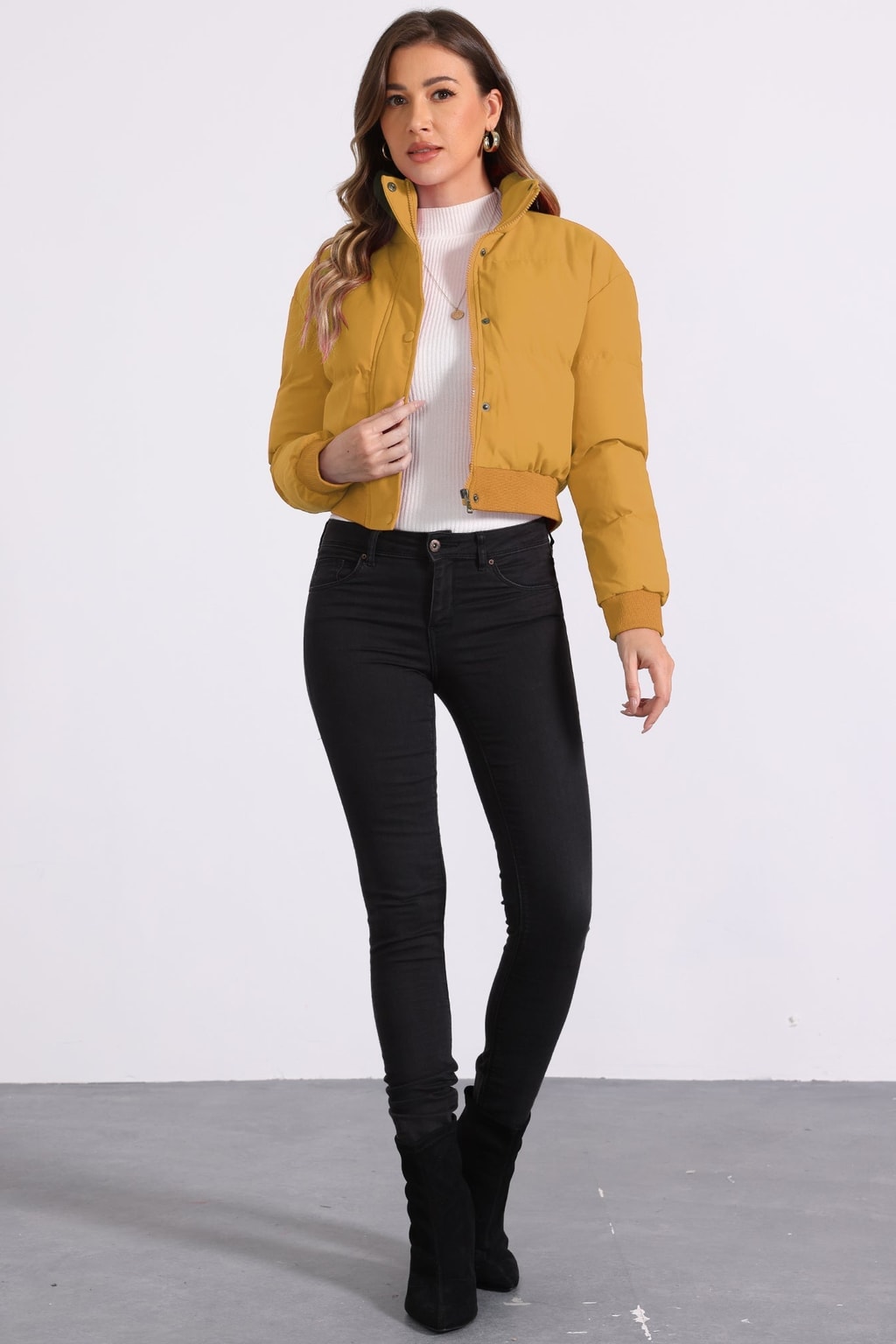 Padded Cropped Cozy Bomber Jacket with Stand Collar - 9