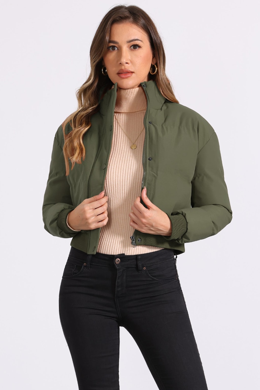 Padded Cropped Cozy Bomber Jacket with Stand Collar - 10