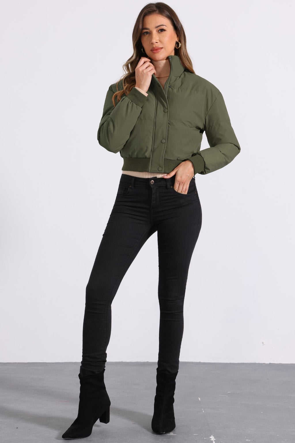 Padded Cropped Cozy Bomber Jacket with Stand Collar - 11