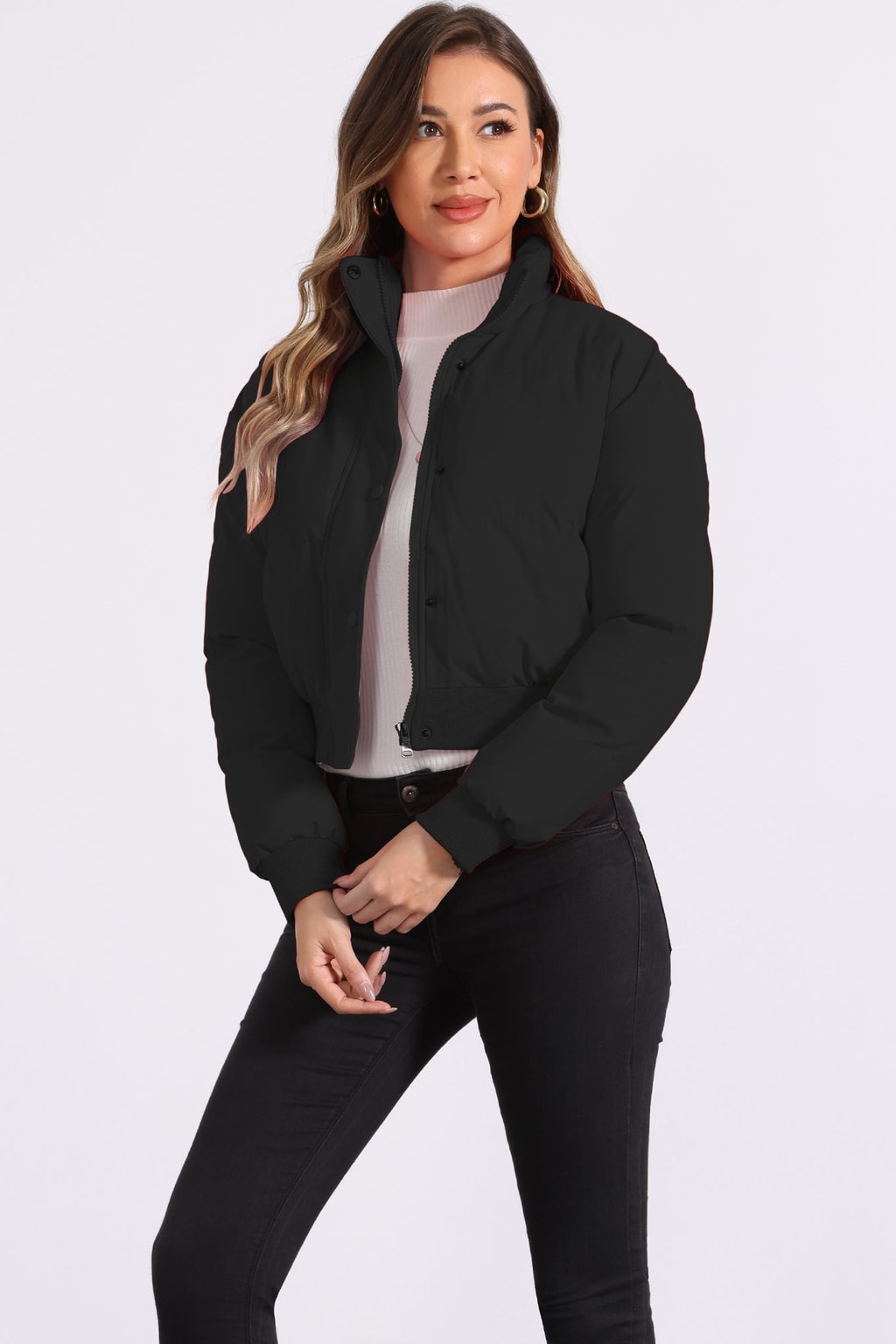 Padded Cropped Cozy Bomber Jacket with Stand Collar - 12