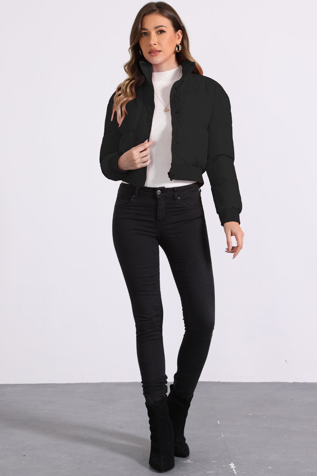 Padded Cropped Cozy Bomber Jacket with Stand Collar - 13