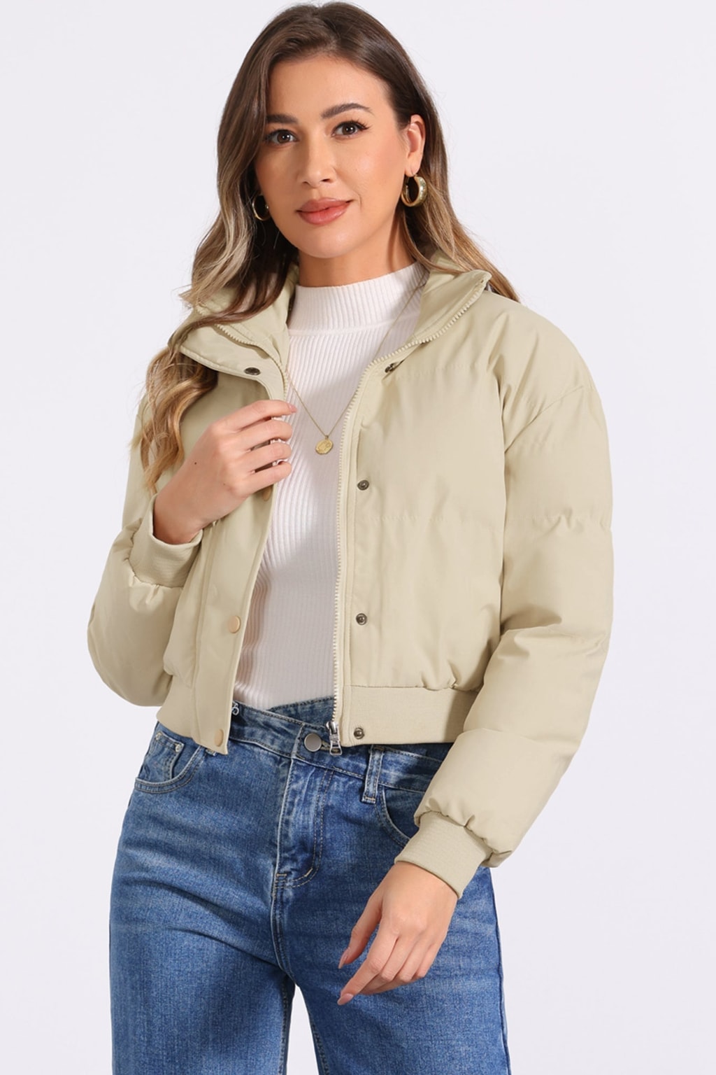 Padded Cropped Cozy Bomber Jacket with Stand Collar - 14