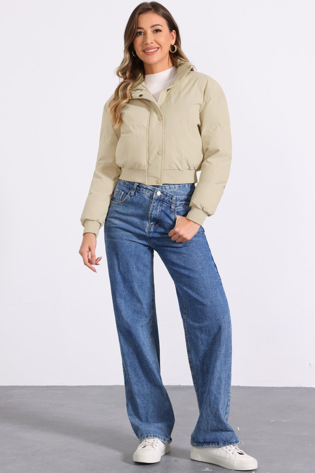 Padded Cropped Cozy Bomber Jacket with Stand Collar - 15