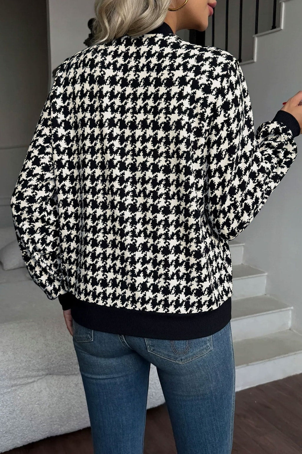 Black Effortless Bomber Jacket with Houndstooth Ribbed Trim - 3