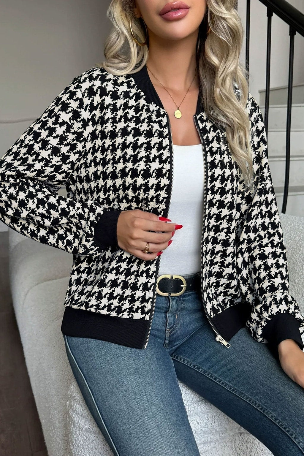 Black Effortless Bomber Jacket with Houndstooth Ribbed Trim - 4