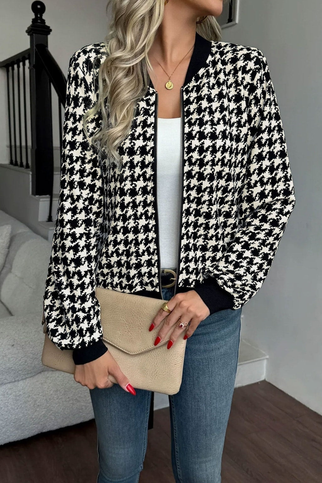 Black Effortless Bomber Jacket with Houndstooth Ribbed Trim - 6