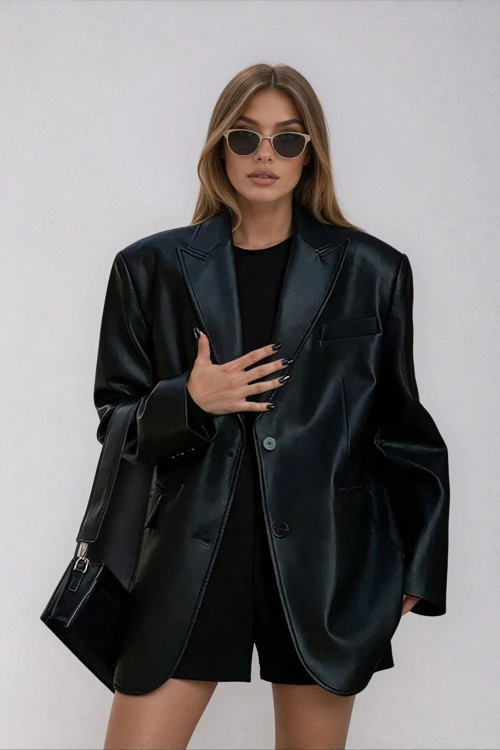 Faux Timeless Leather Oversized Blazer Jacket - 3