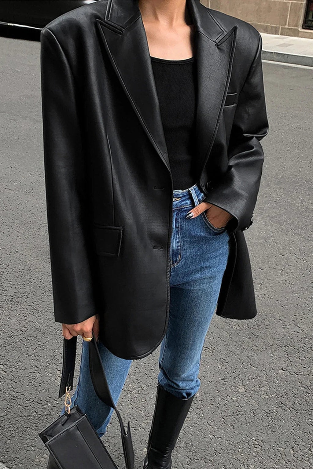 Faux Timeless Leather Oversized Blazer Jacket - 5