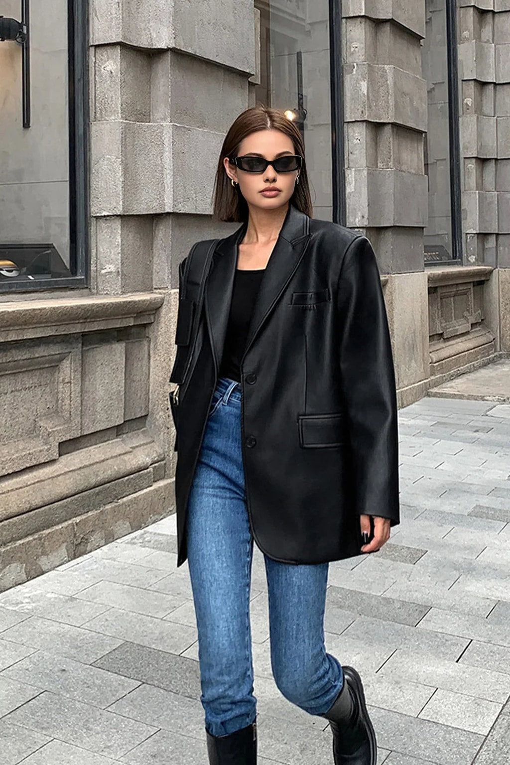 Faux Timeless Leather Oversized Blazer Jacket - 8