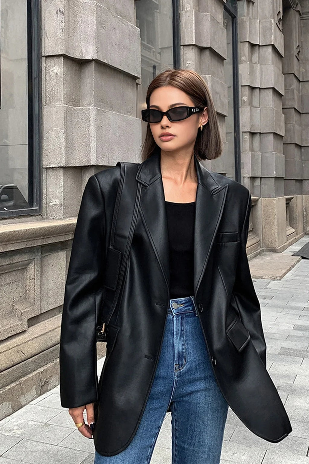 Faux Timeless Leather Oversized Blazer Jacket - 9