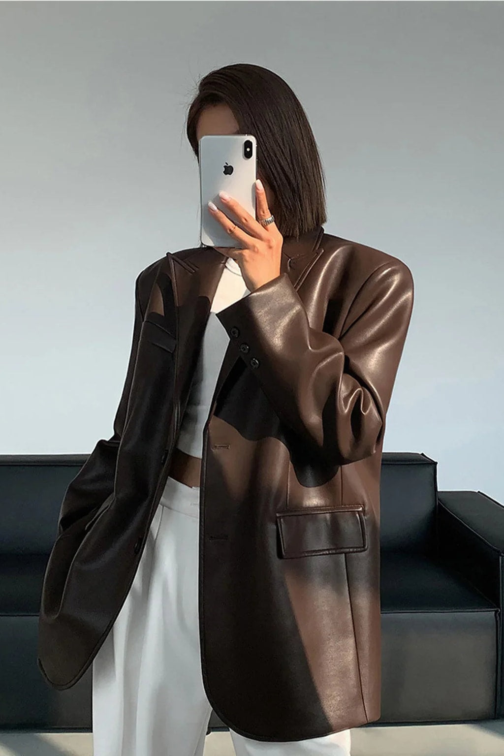 Faux Timeless Leather Oversized Blazer Jacket - 2