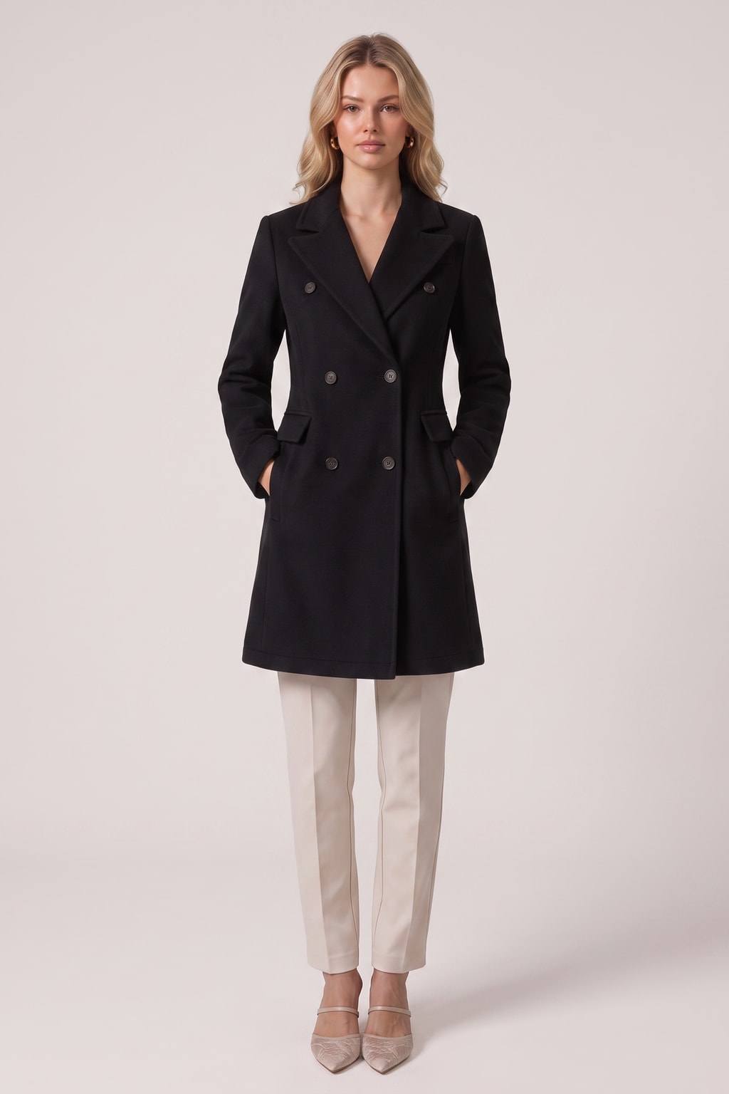 Elegant Notch Lapel Tailored Double Breasted Coat - 5