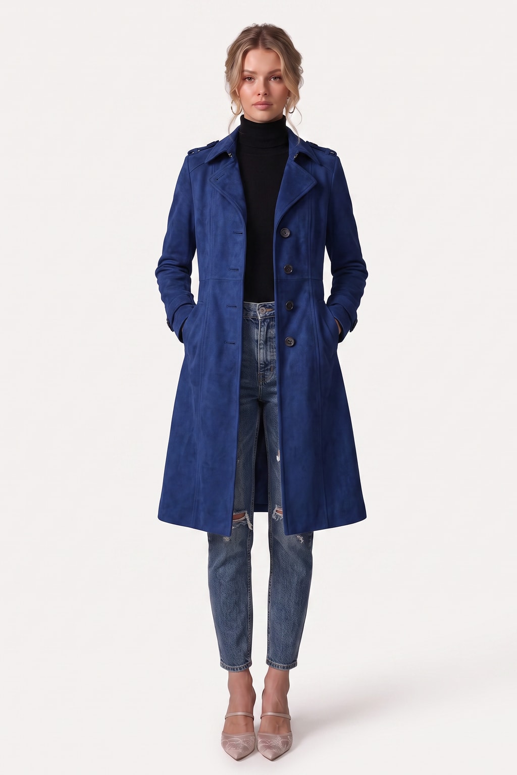 Faux Suede Longline Trench Coat - 3