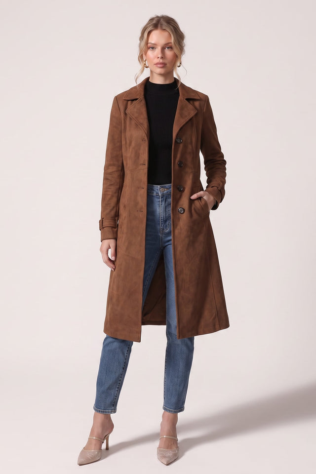 Faux Suede Longline Trench Coat - 2