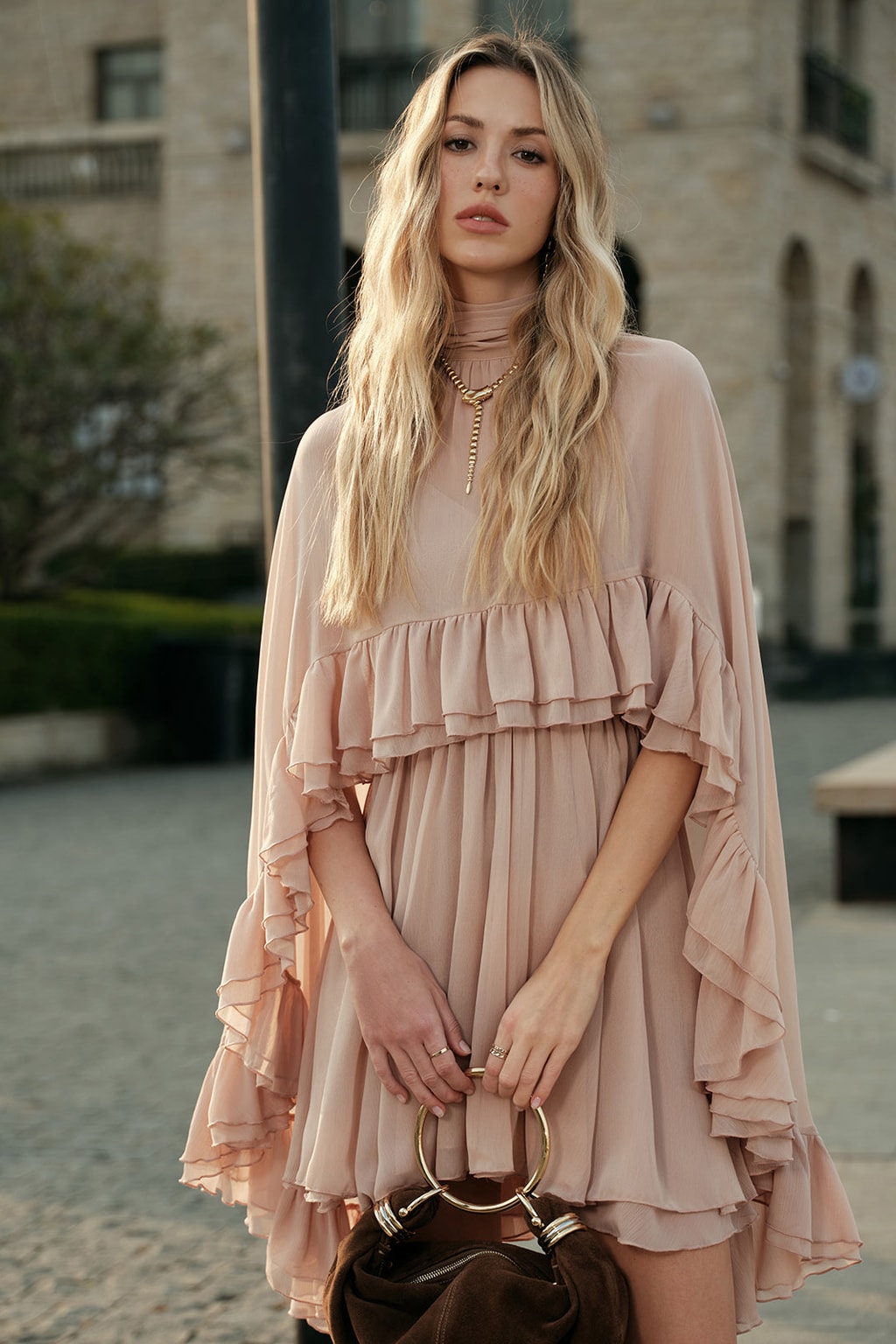 Chiffon Ruffle Mini Dress With Cape Overlay - 9