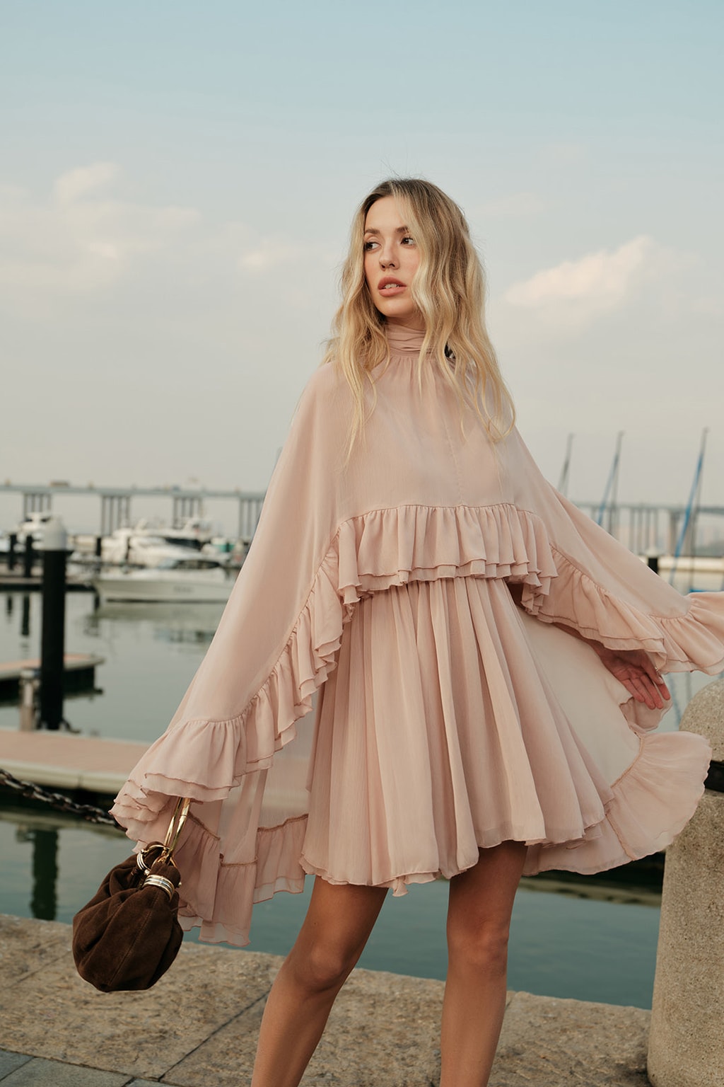 Chiffon Ruffle Mini Dress With Cape Overlay - 3